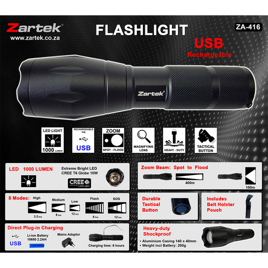Zartek USB Rechargeable LED Torch – ZA-416