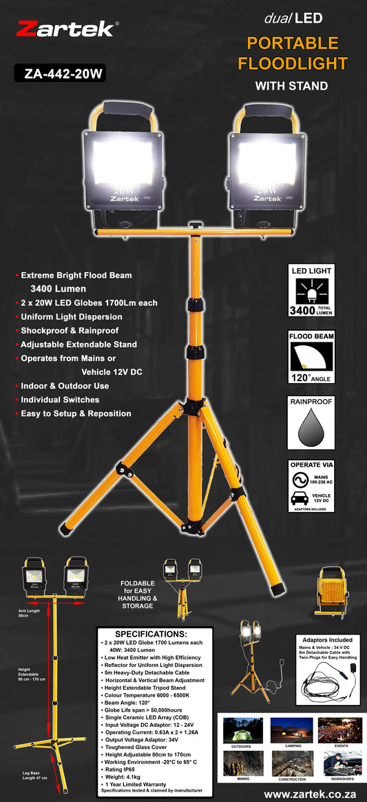 Zartek Dual LED Floodlight with Tripod Stand – ZA-442-20W