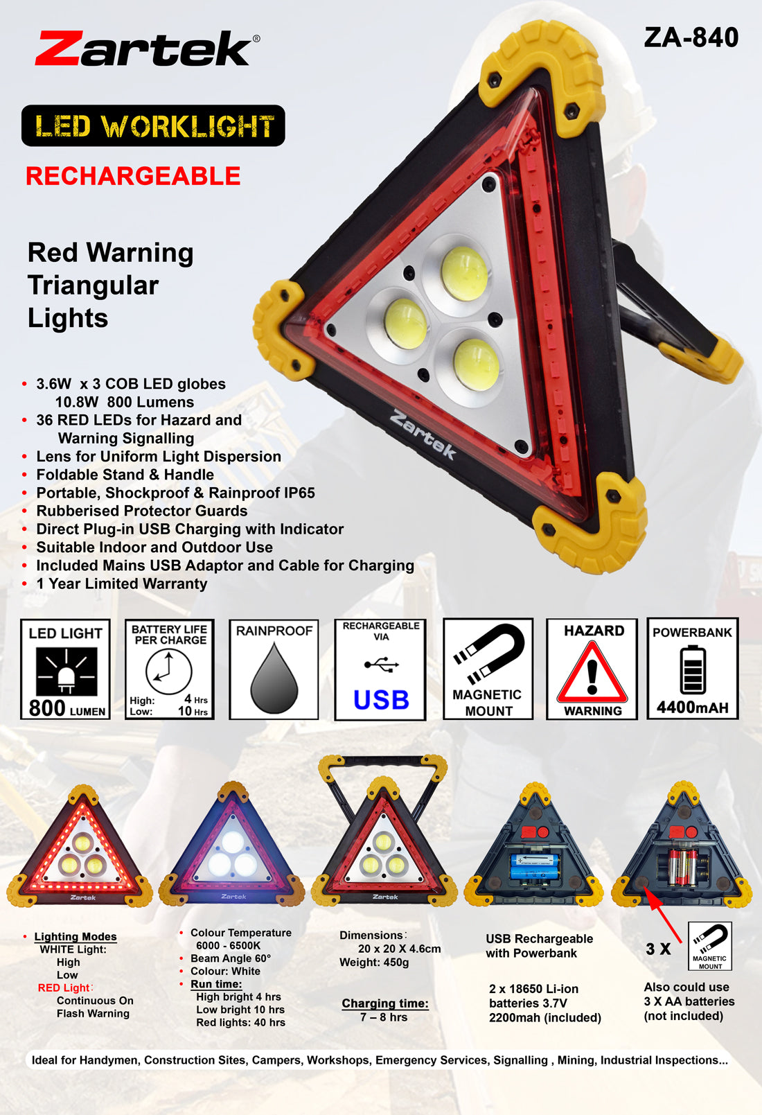 Zartek USB Rechargeable LED Worklight – ZA-840